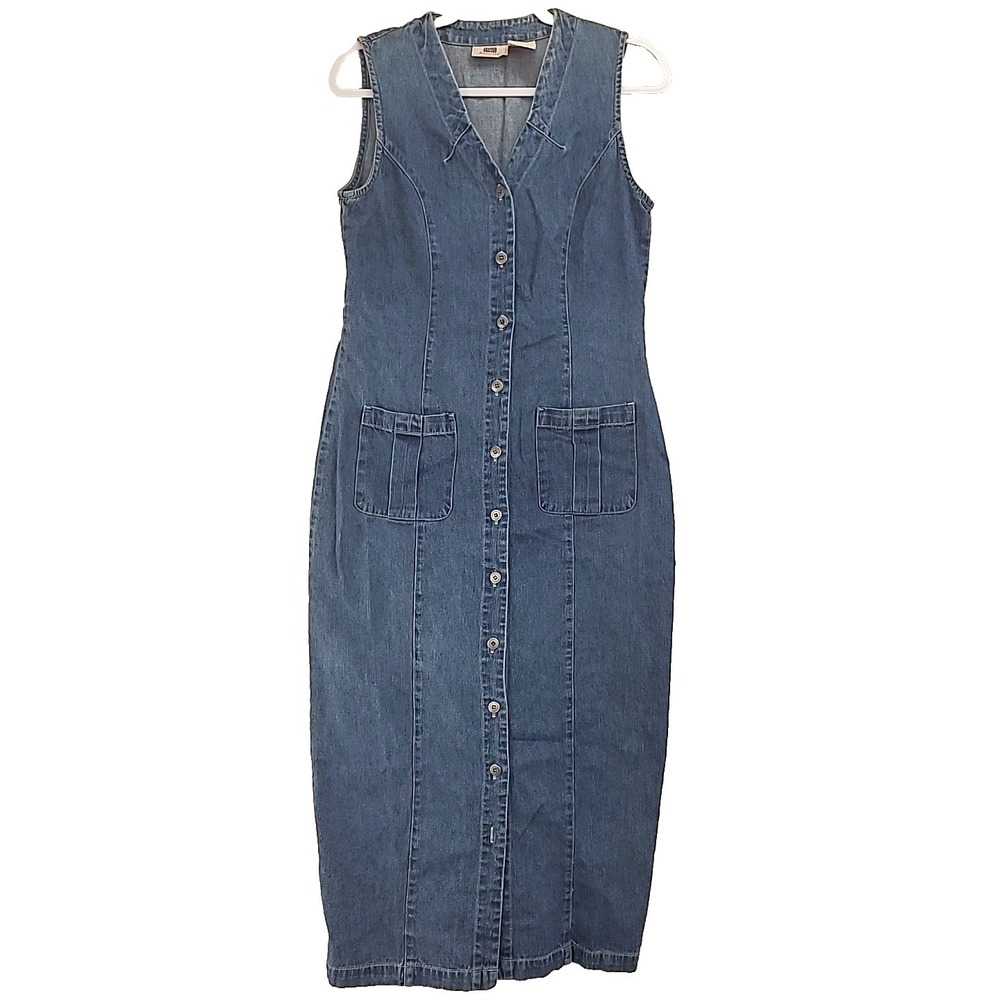 Vintage Maxi Denim Dress Body Con Button‎ Up Country Rodeo Cowgirl Sz 8 READ